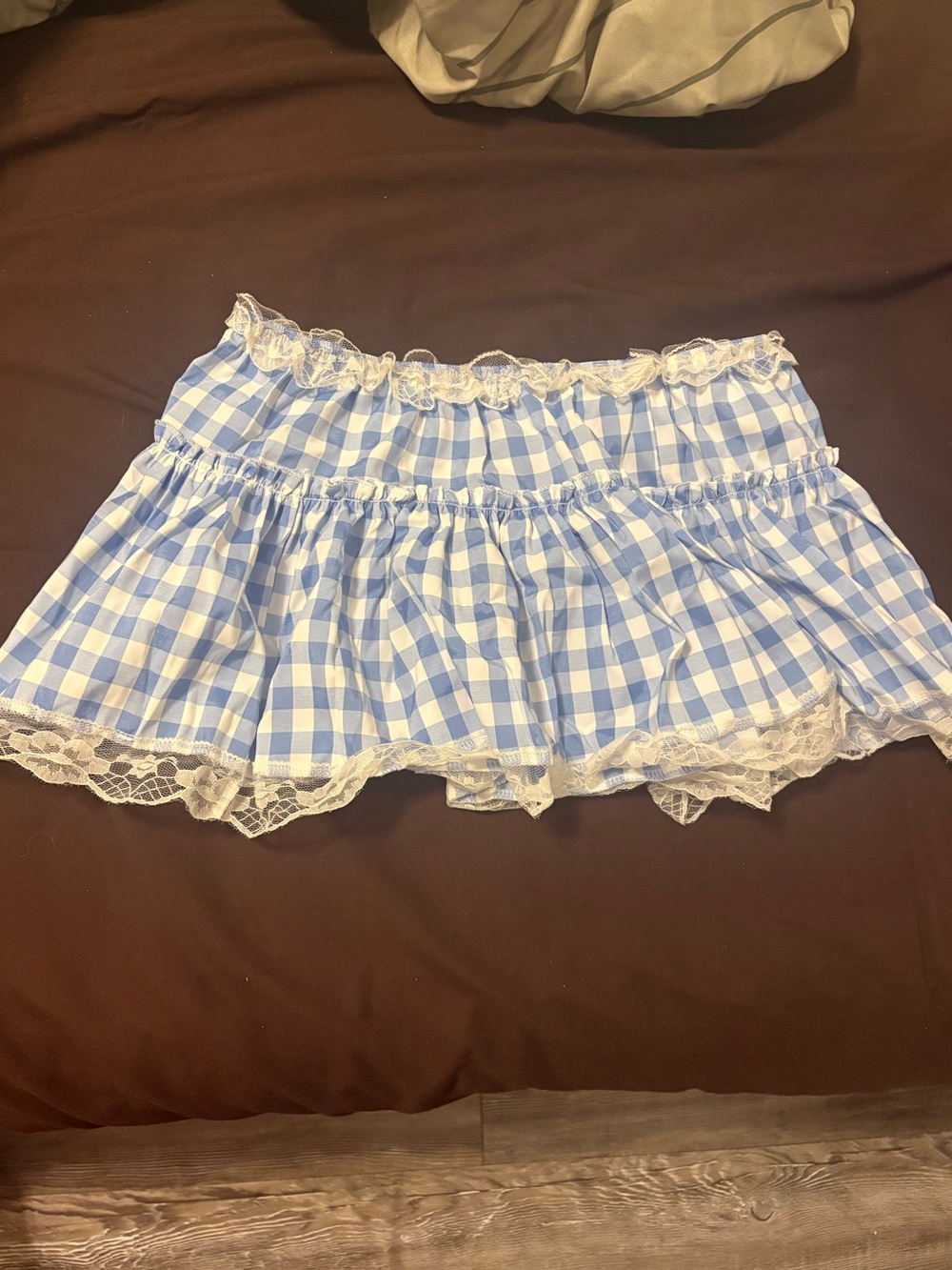 Blue Gingham Lace-Trim Mini Skirt